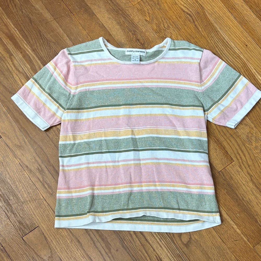 Cathy Daniels Pink, Green, and Yellow Striped Tee